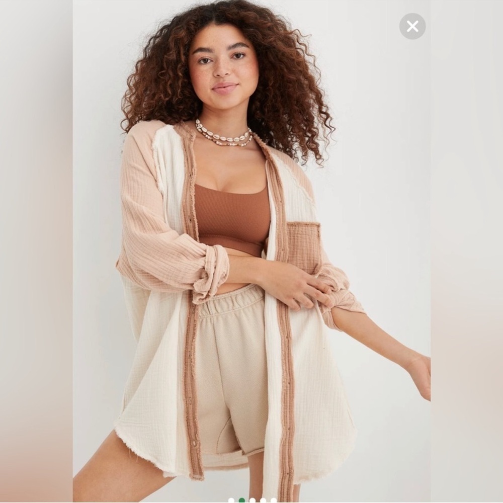 AERIE Gauze Coverup Shirt Long Sleeve Beige Tan Colorblock Size XL Women’s